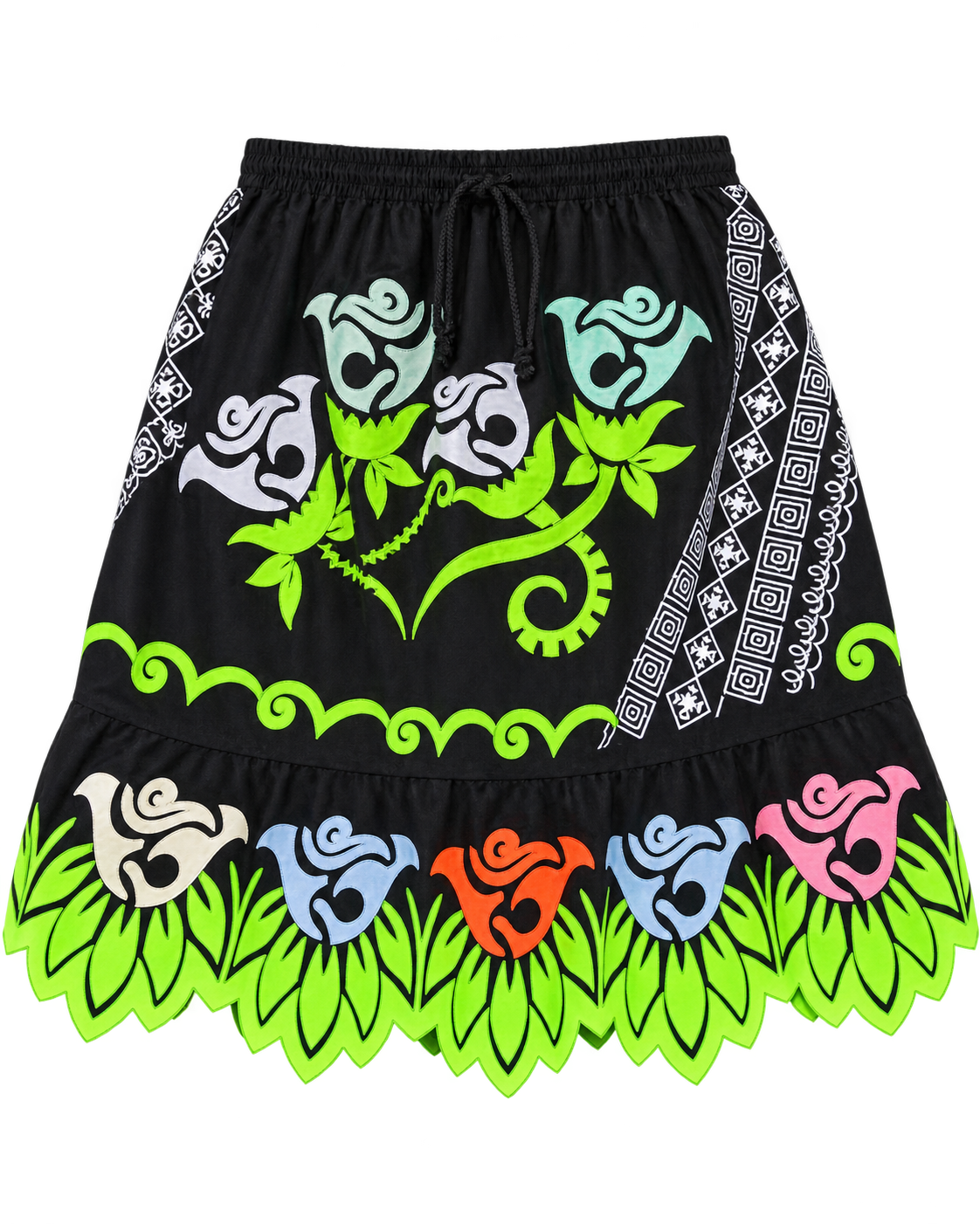 Custom sublimated Micronesian island skirt with traditional Pohnpei pattern